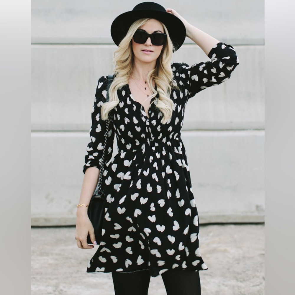 Maeve Banet Heart Print Smocked Dress Black White Anthropologie Lined Button